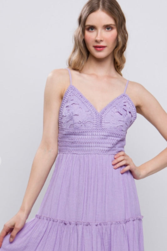 Lace Design Tiered Short Dress in Lavendar