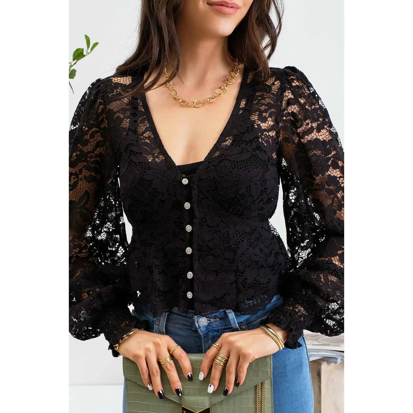 Lace Button Down Long Sleeve Crop Top
