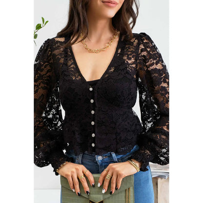 Lace Button Down Long Sleeve Crop Top
