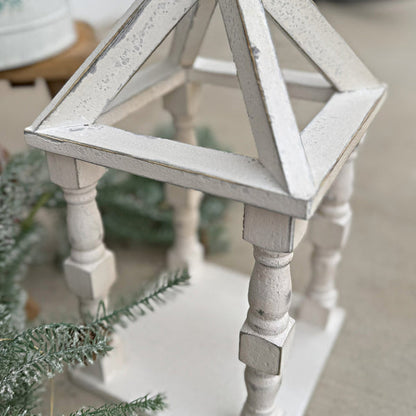 Distressed White Turned Wooden Open Lanterns, Set of Two