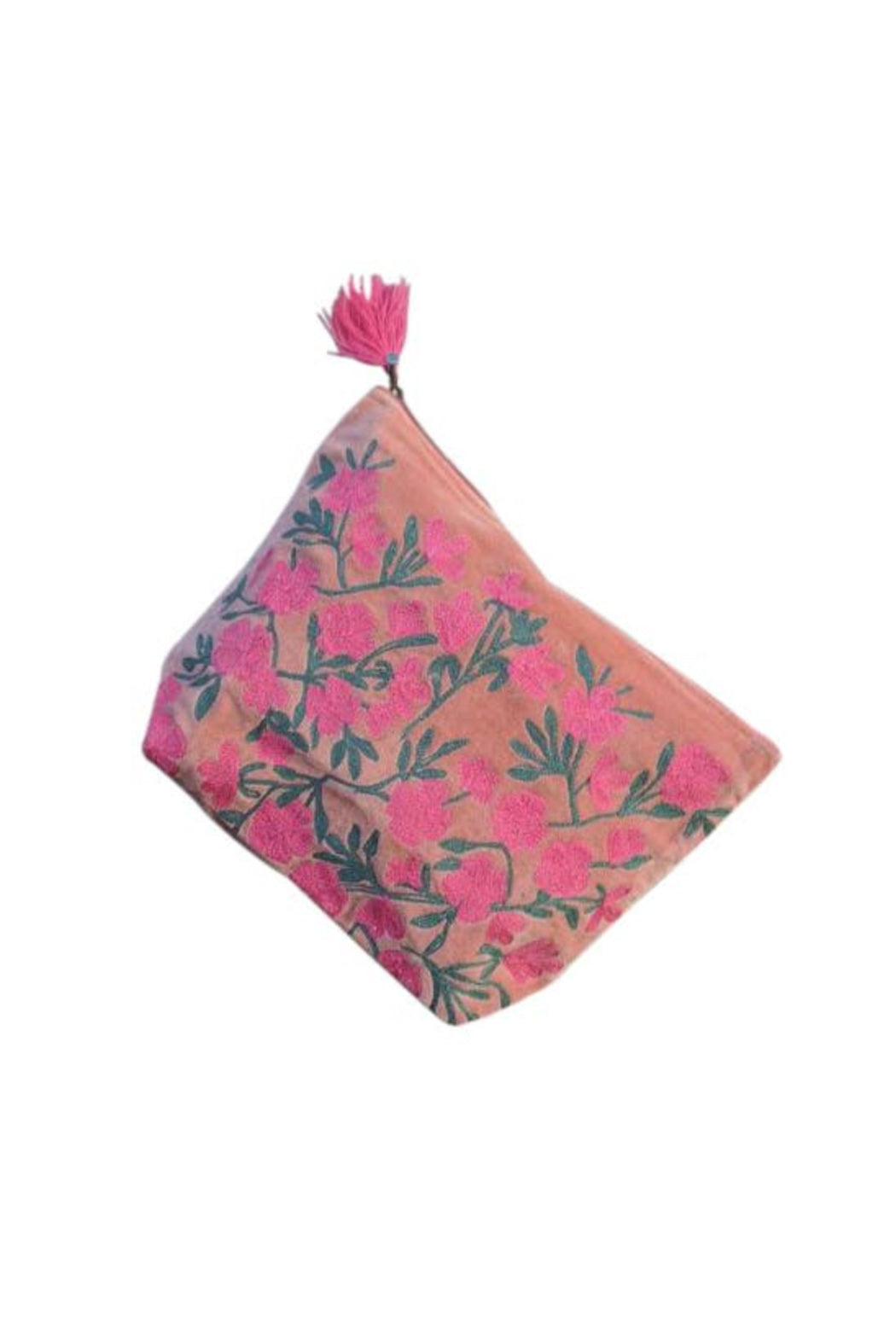 Large Embroidered Coral Flowers Pouch