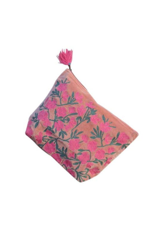 Large Embroidered Coral Flowers Pouch