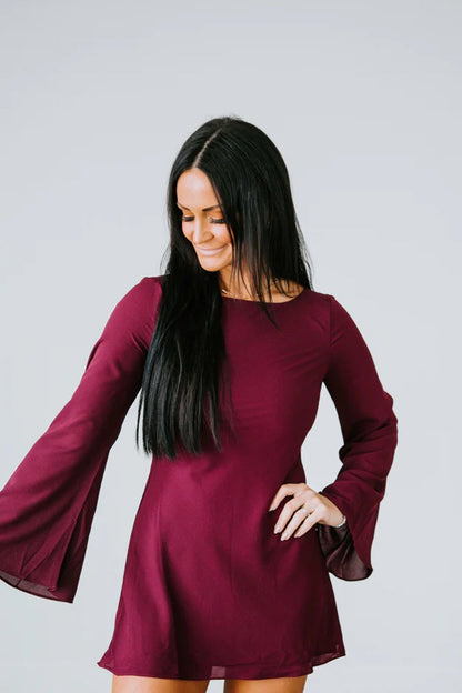 Merlot Bell Sleeve Mini Dress