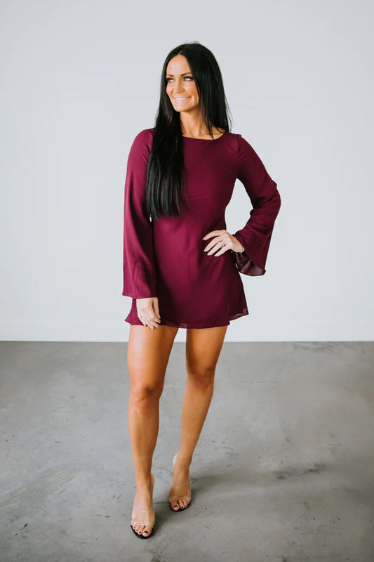 Merlot Bell Sleeve Mini Dress