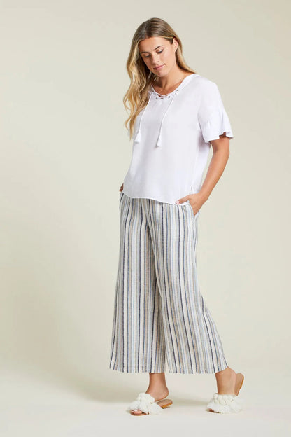 LINEN BLEND STRIPED FLOWY PANTS