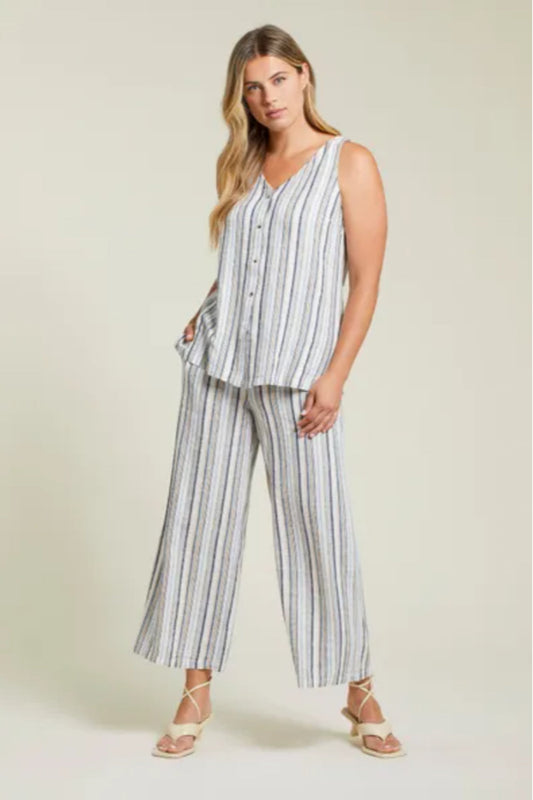 LINEN BLEND STRIPED FLOWY PANTS