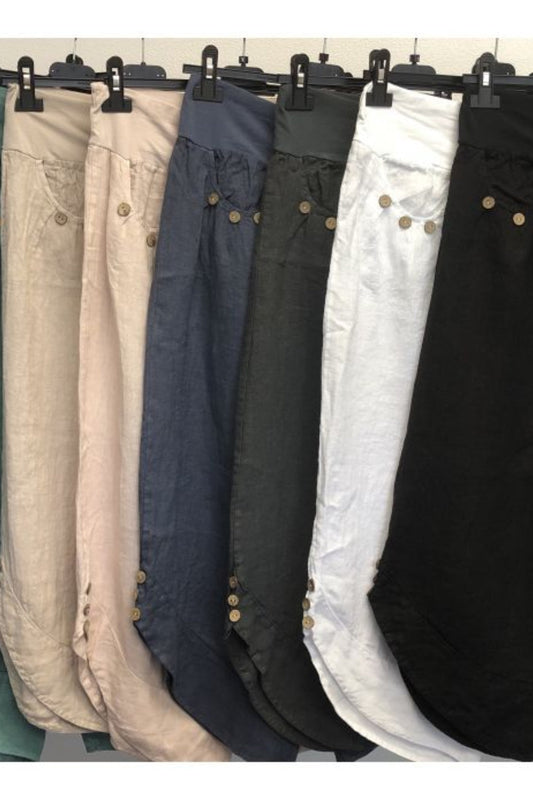 Linen Cropped Pants w/ 3 Buttons