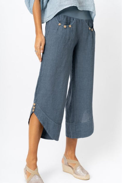 Linen Cropped Pants w/ 3 Buttons