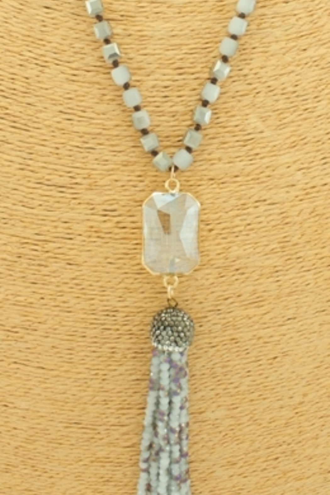 Long Light Grey Beaded Tassel Necklace
