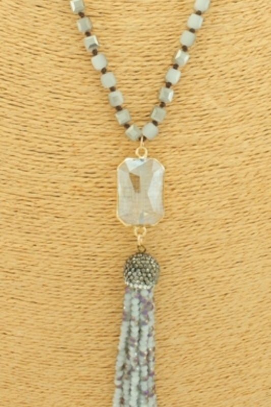 Long Light Grey Beaded Tassel Necklace