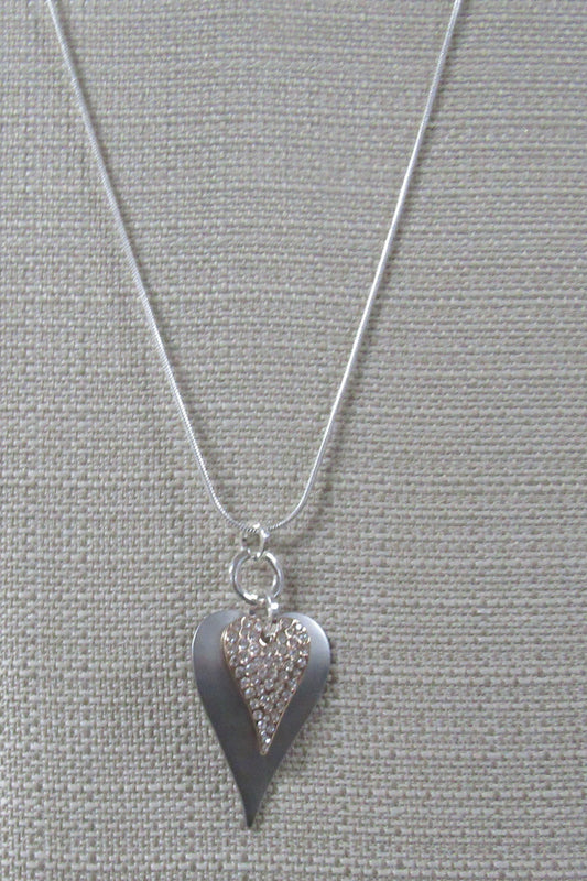 Long Silver Heart Pendant Necklace