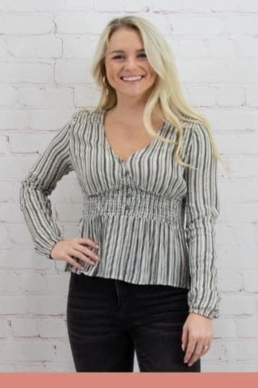 Long sleeve black and white stripe v neck with faux front buttons and ruched elastic waist top