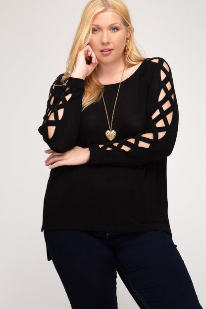 Long Sleeve Hi Low top With Strappy Sleeve Detail