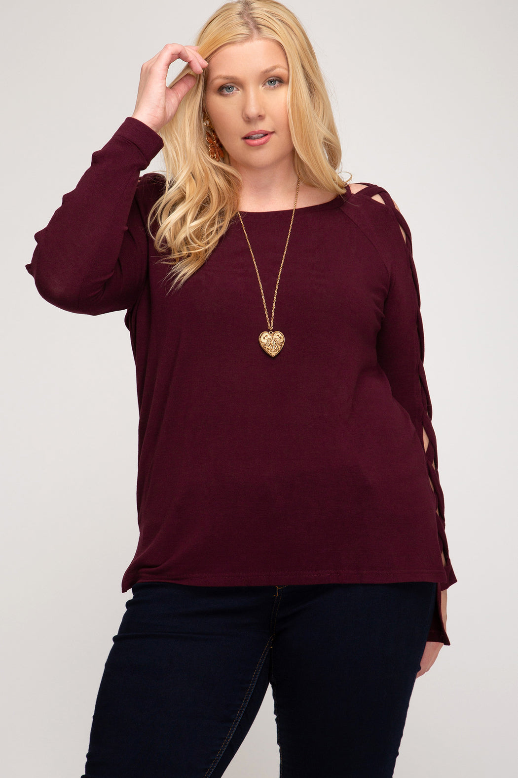 Long Sleeve Hi Low top With Strappy Sleeve Detail
