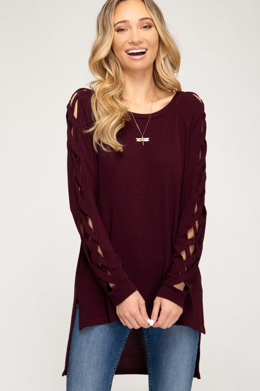 Long Sleeve Hi Low top With Strappy Sleeve Detail
