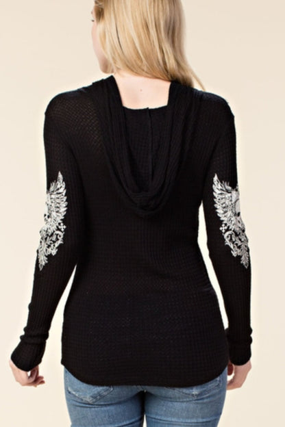 Long Sleeve Hoodie with Skull & Wings Design