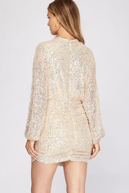 Long-Sleeve Mock-Neck Sequin Dress