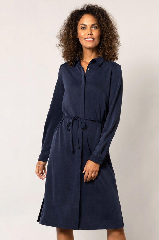 Long sleeve navy tea length dress