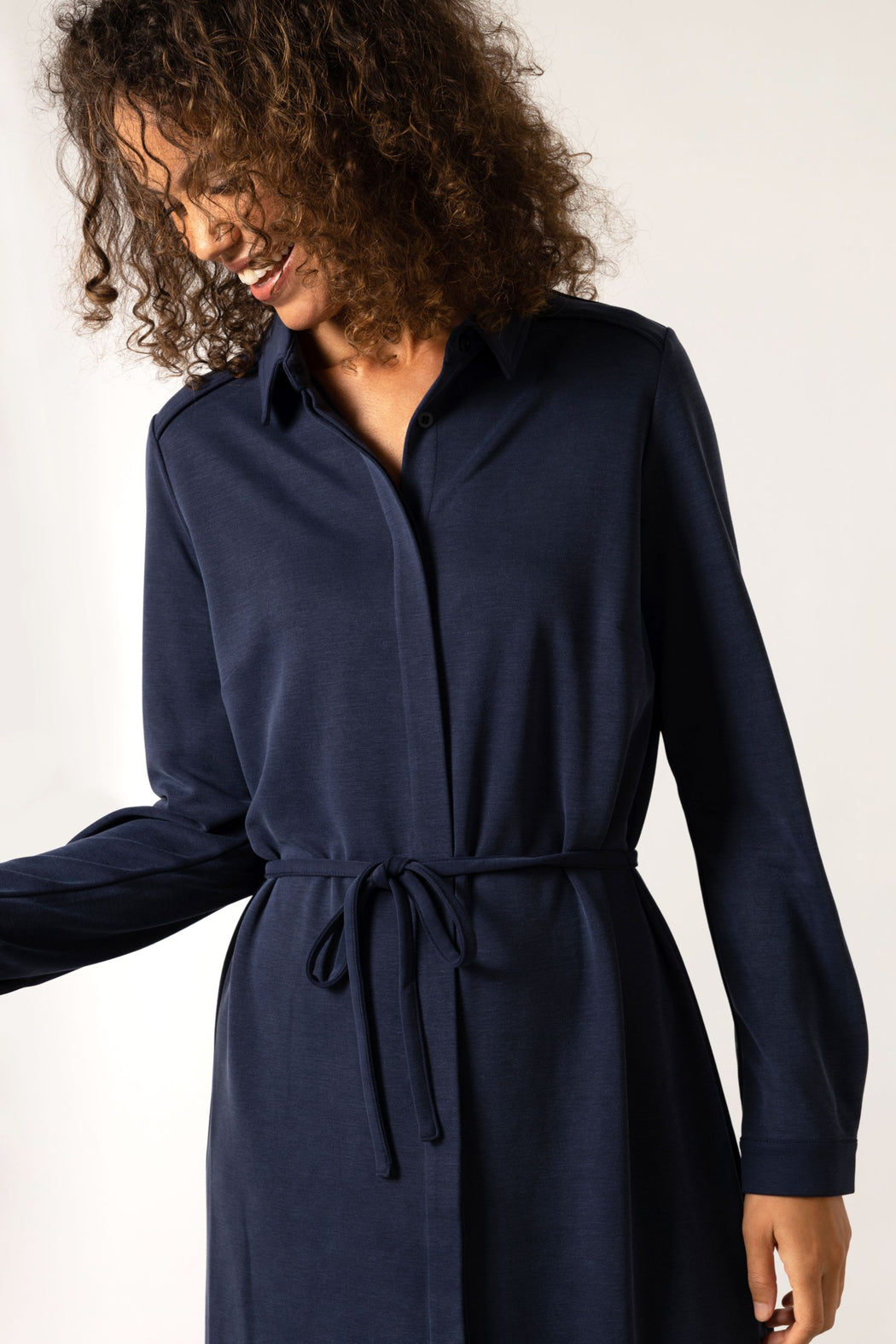 Long sleeve navy tea length dress