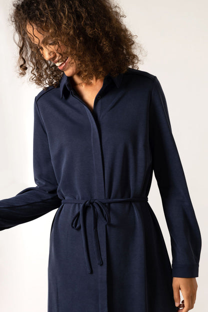 Long sleeve navy tea length dress
