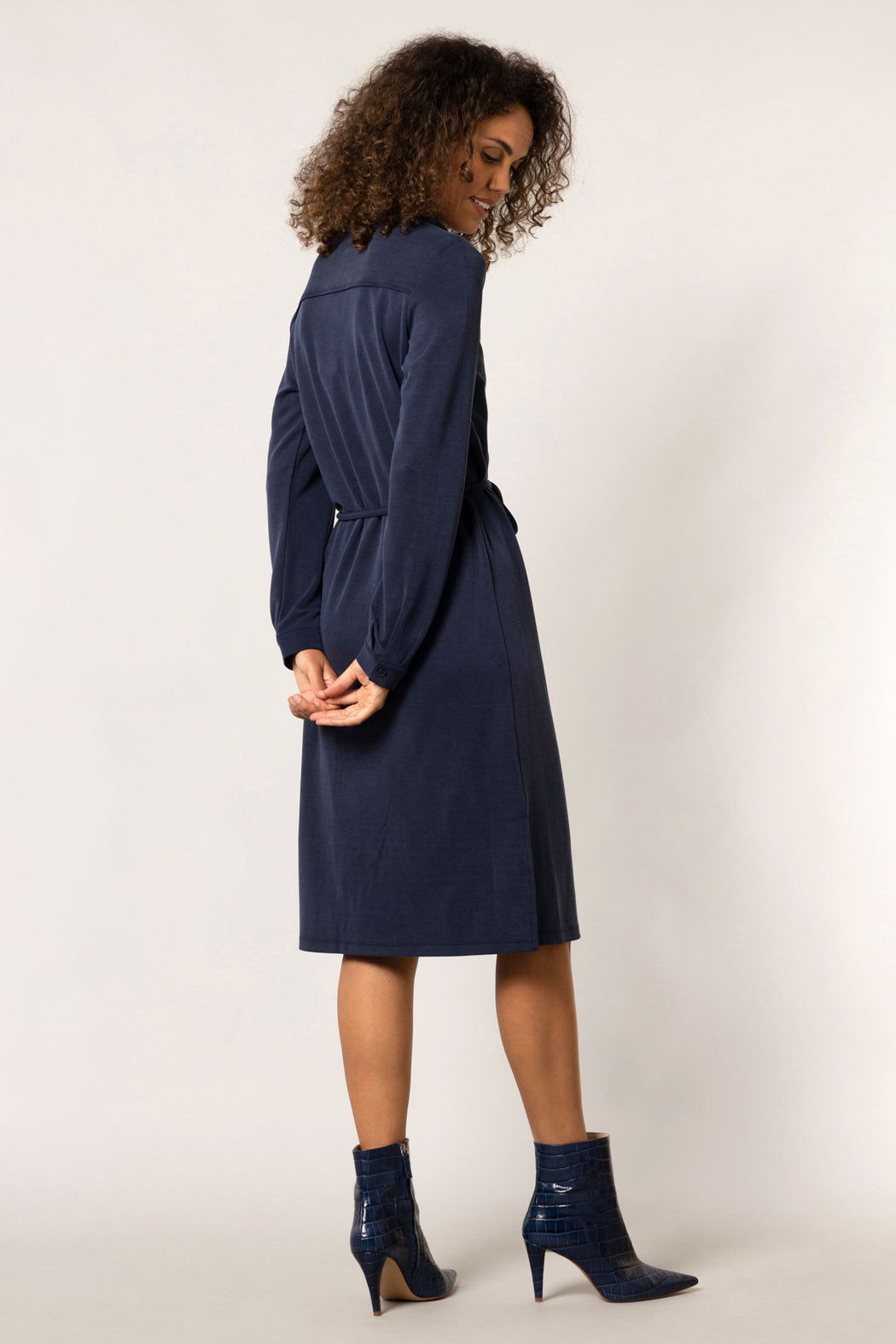 Long sleeve navy tea length dress
