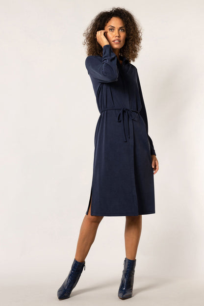 Long sleeve navy tea length dress