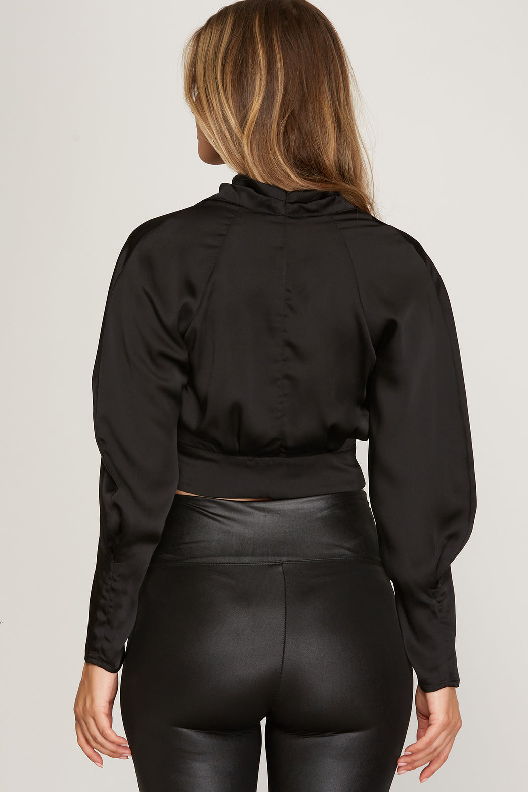 Long-Sleeve Satin Surplice-Top