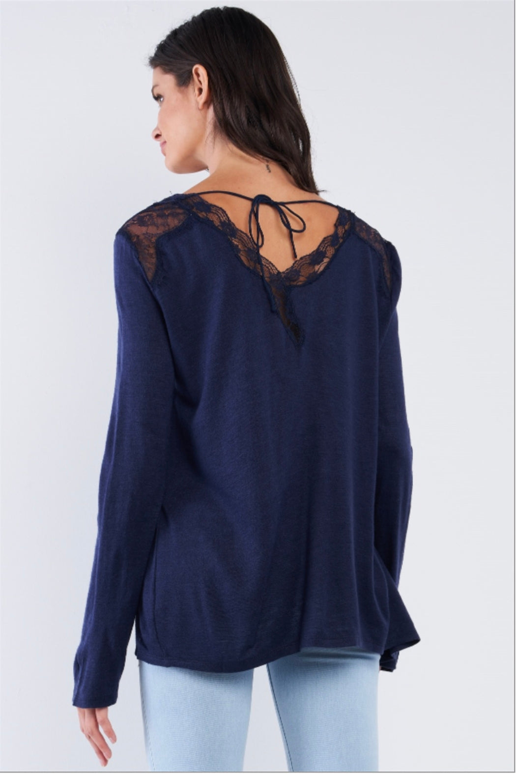 Loose Fit Long Sleeve Lace Hem V-Neck Top