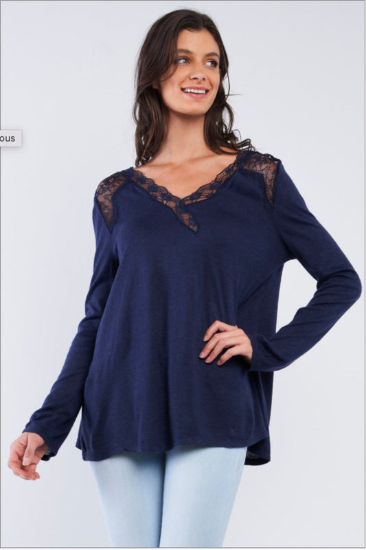 Loose Fit Long Sleeve Lace Hem V-Neck Top