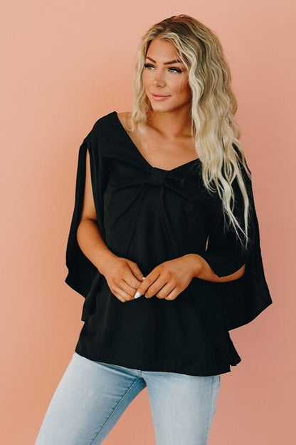 Loose Sleeve Blouse with Front Bow Knot