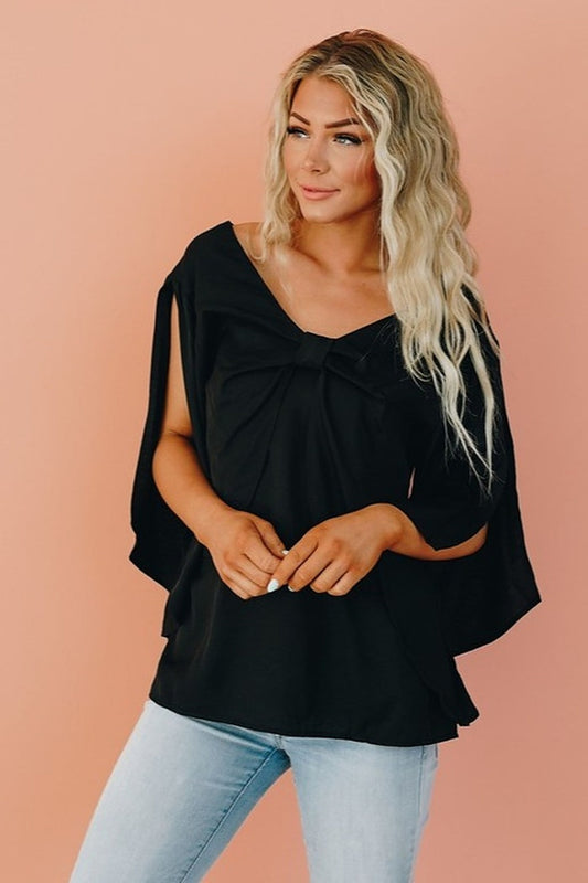 Loose Sleeve Blouse with Front Bow Knot