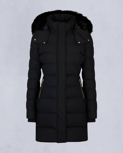 Moose Knuckles Womens Gold Series Black Watershed Parka with Black Shearling
