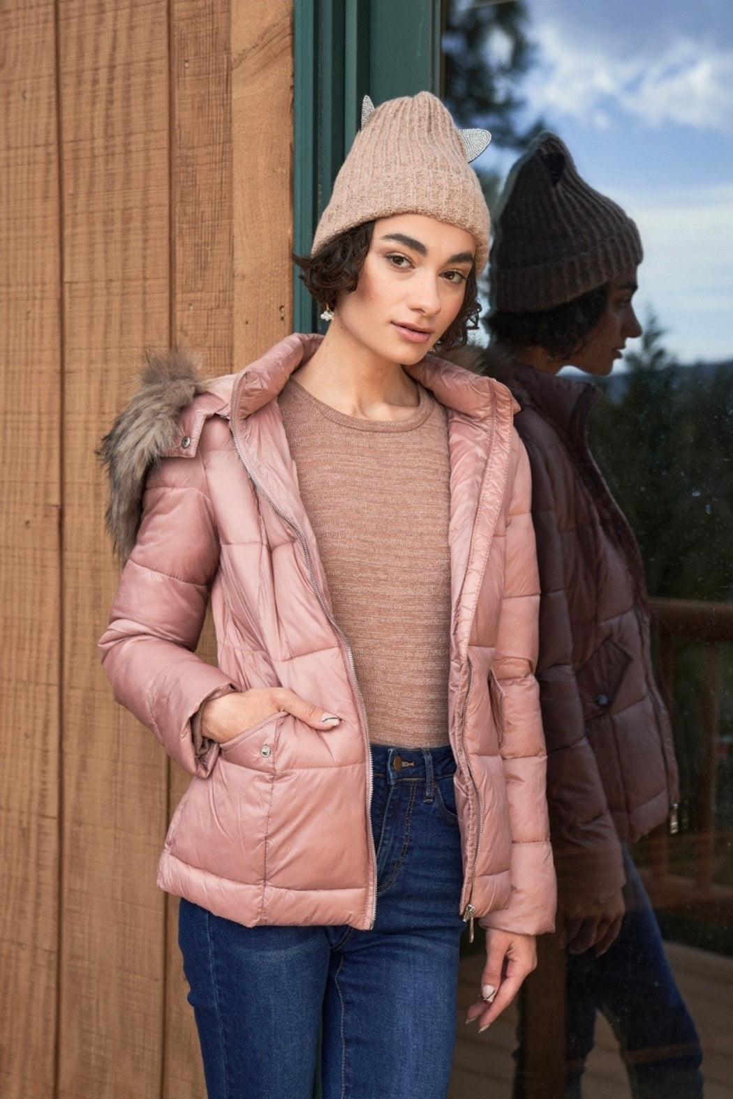 Mauve Long Sleeve Faux Fur Hood Water Resistant Finish Jacket