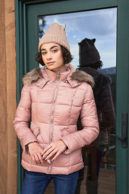 Mauve Long Sleeve Faux Fur Hood Water Resistant Finish Jacket