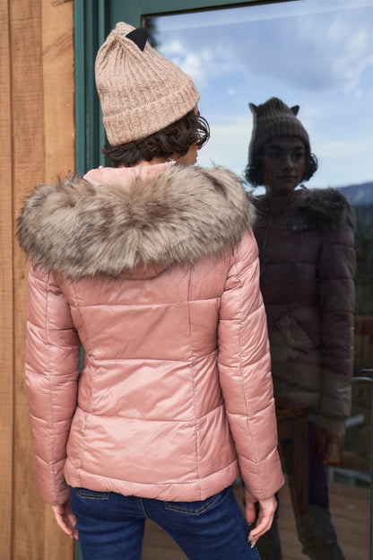 Mauve Long Sleeve Faux Fur Hood Water Resistant Finish Jacket