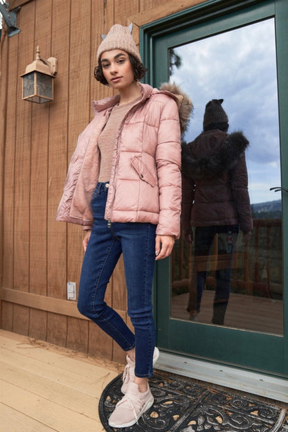 Mauve Long Sleeve Faux Fur Hood Water Resistant Finish Jacket
