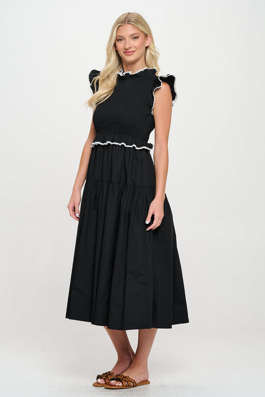 Black Poplin Crochet Trim Dress