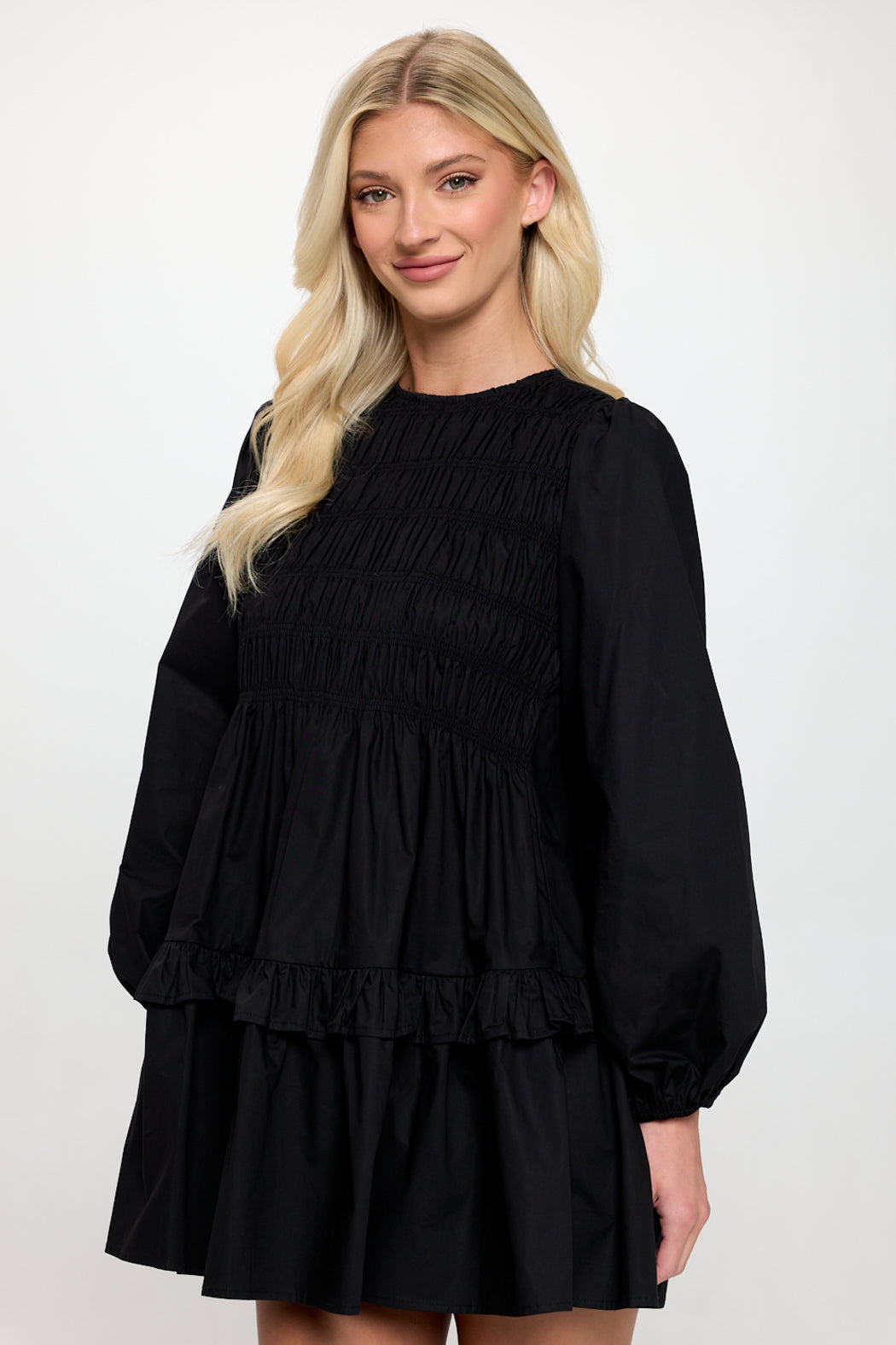 Black Poplin Long Sleeve Smock Dress