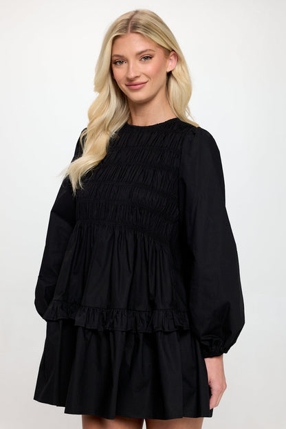 Black Poplin Long Sleeve Smock Dress