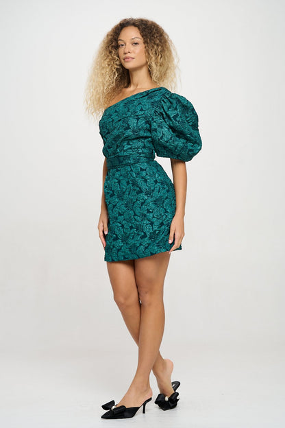 Emerald Jacquard One Shoulder Dress