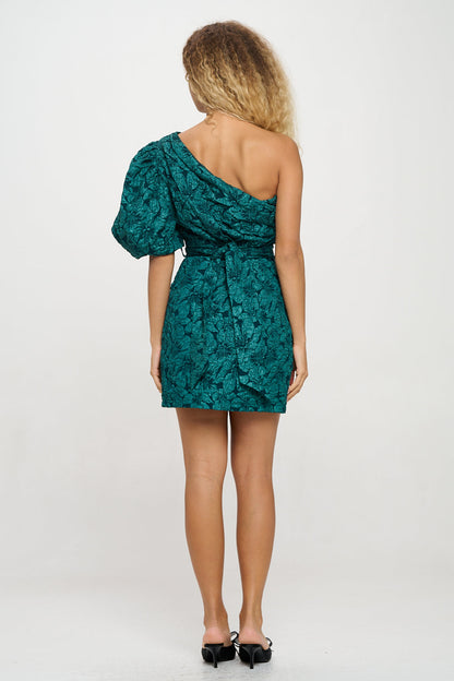 Emerald Jacquard One Shoulder Dress