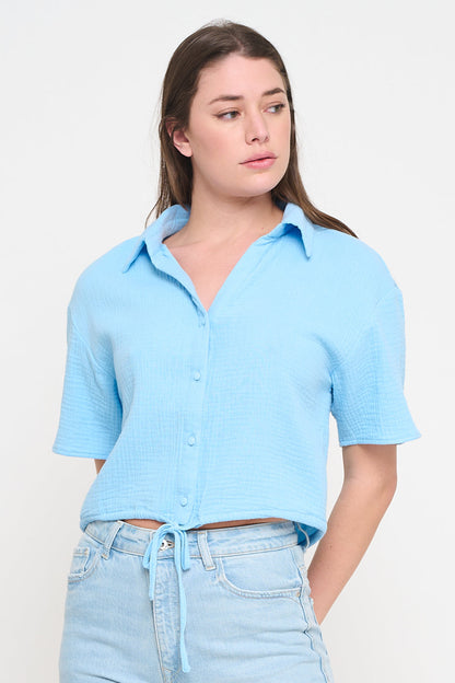 Gauze Button-Up Tie Front Shirt
