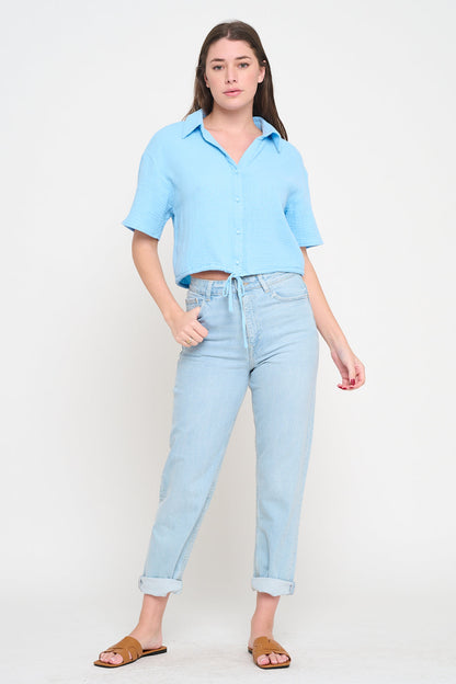 Gauze Button-Up Tie Front Shirt