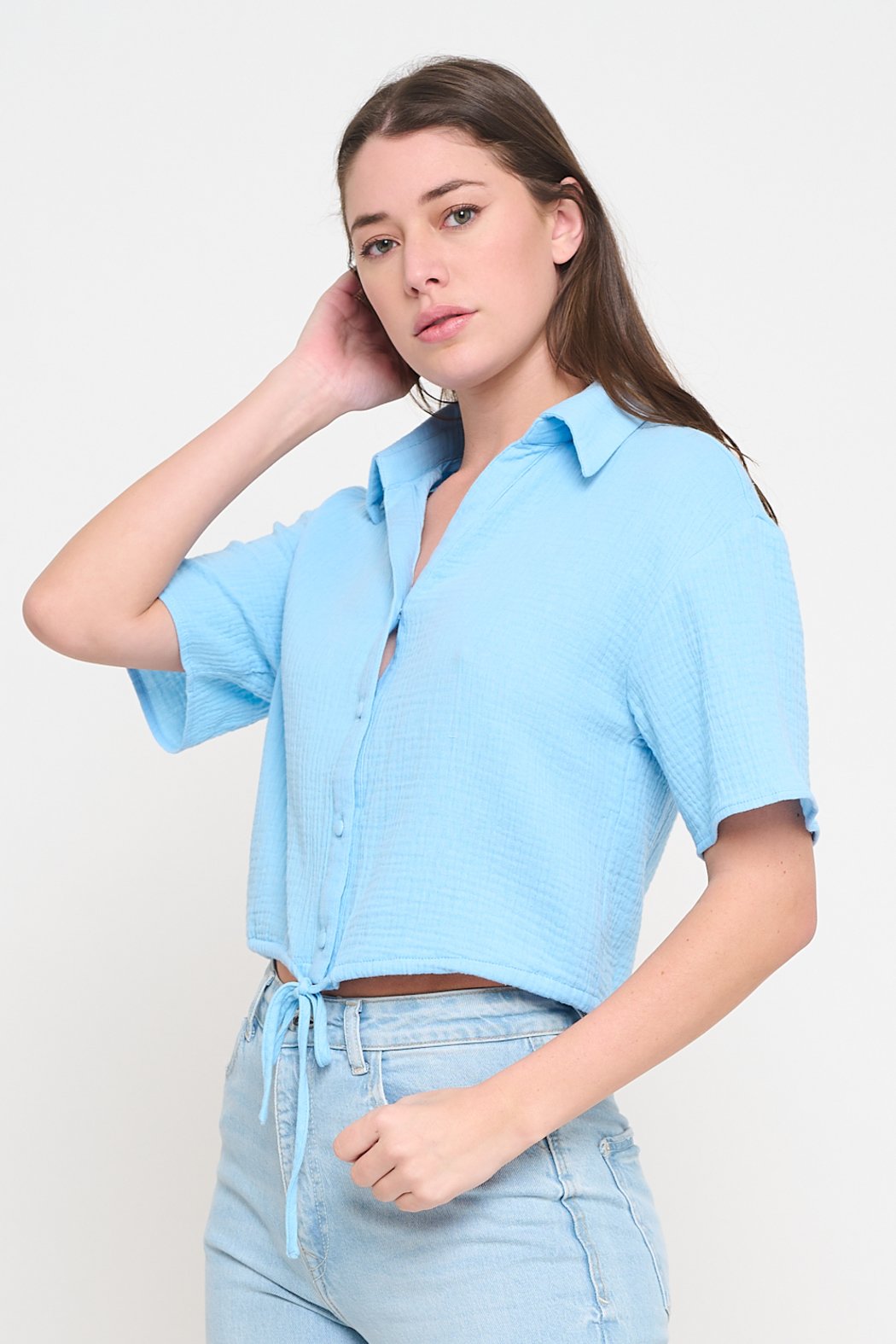 Gauze Button-Up Tie Front Shirt