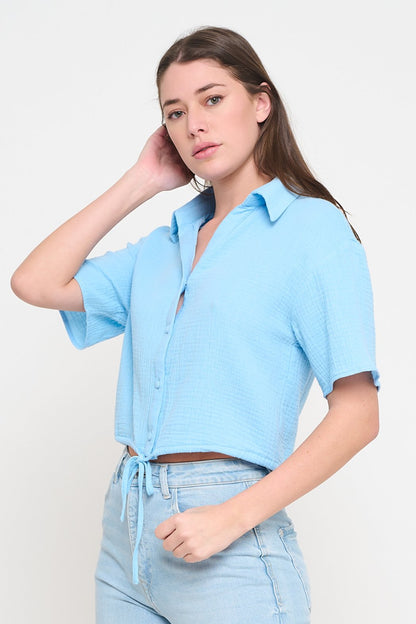 Gauze Button-Up Tie Front Shirt