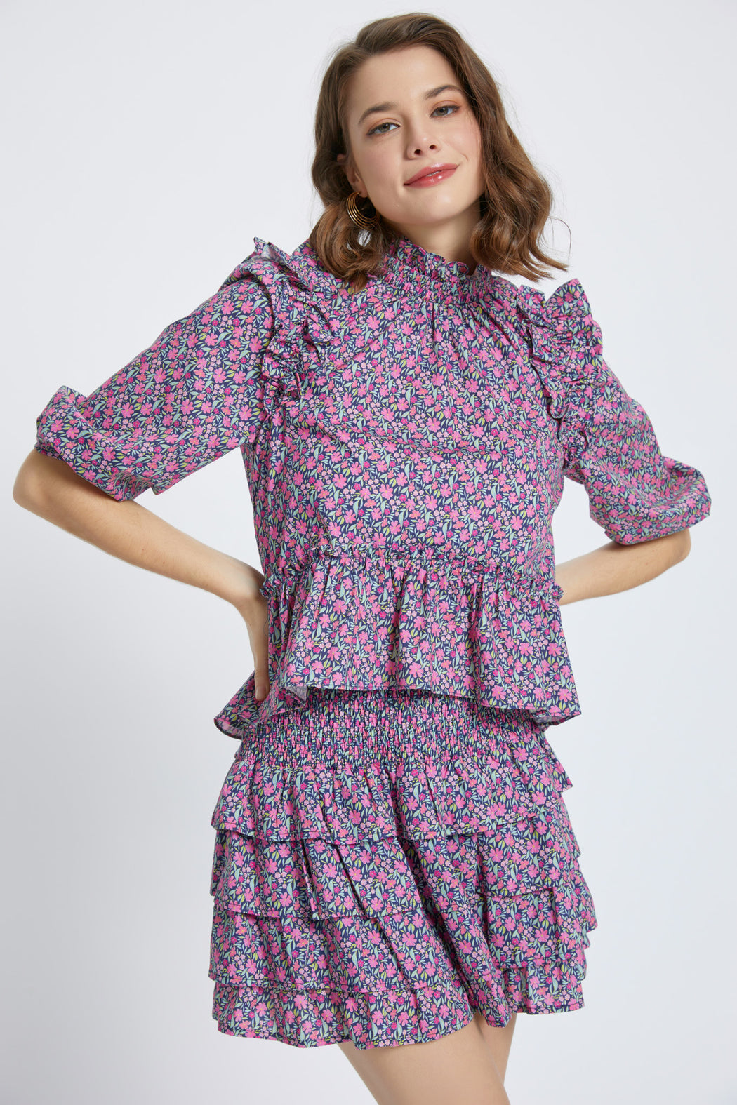 Pink Navy Ditsy Days Ruffle Top