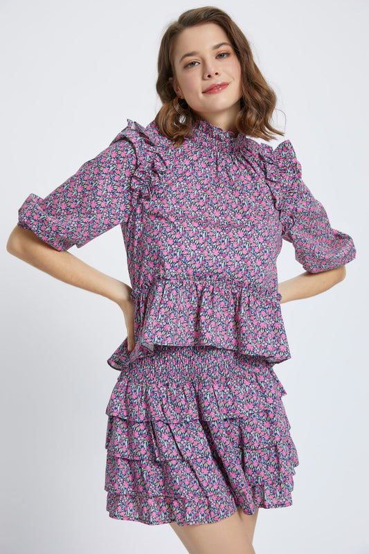 Pink Navy Ditsy Days Ruffle Top