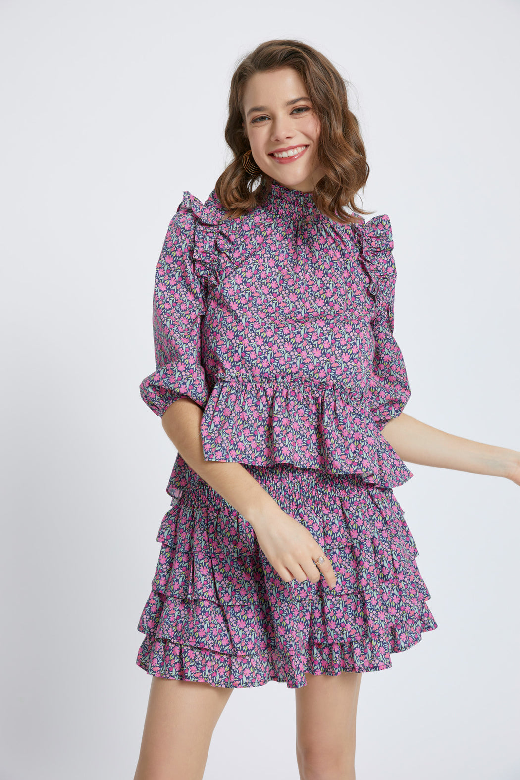 Pink Navy Ditsy Days Ruffle Top