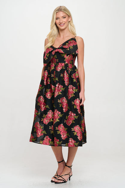 Scarlet Blossom Noir Bow Midi Dress