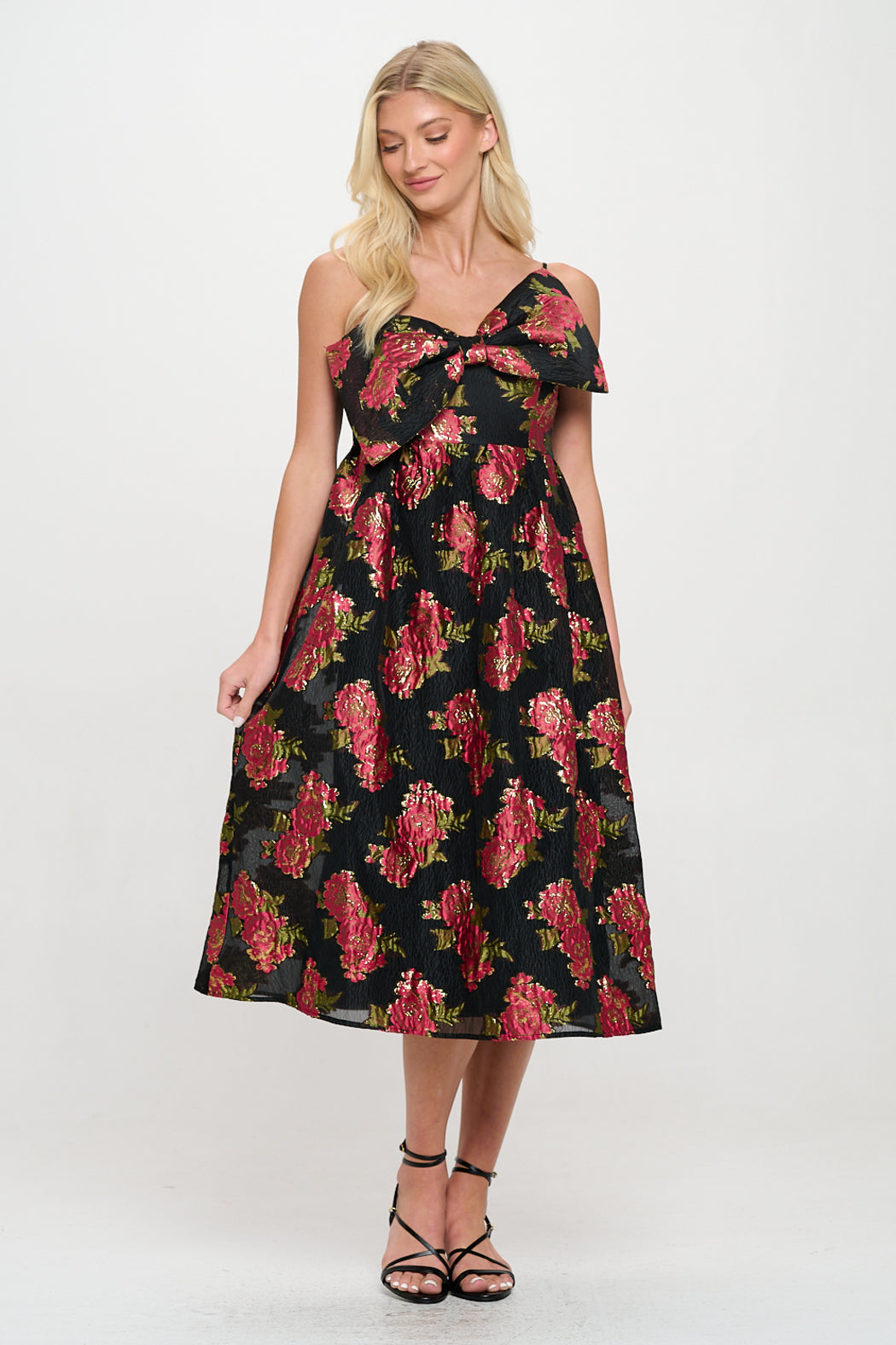 Scarlet Blossom Noir Bow Midi Dress